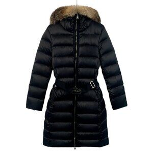Moncler Womens Black Puffer Coat W/ Fur Hood & Belted Waist